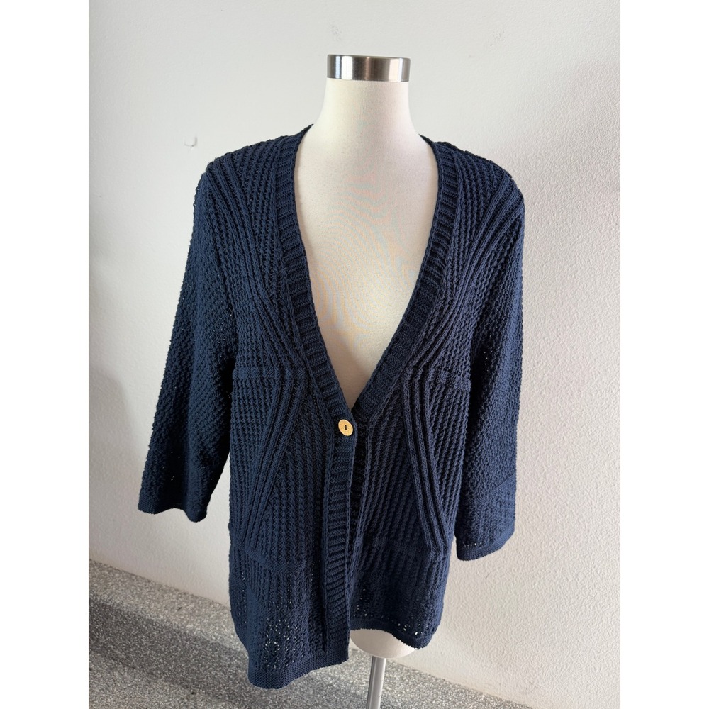 NEW J Jill Womens Plus 2X Navy Textured Knit Single Button Cardigan Sweater